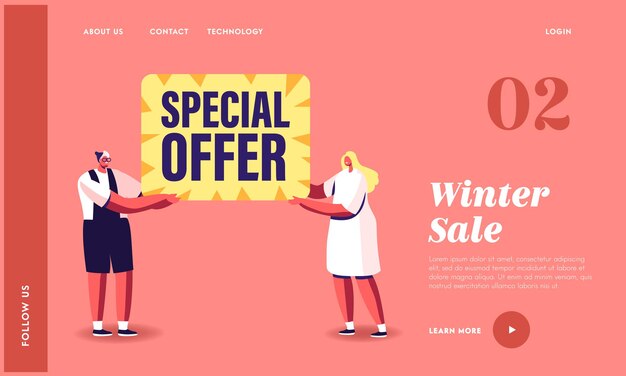 Special offer, sale landing page template. man and woman promoters characters hold banner with promotion text. shop discount or shopping activity, advertising. cartoon people vector illustration