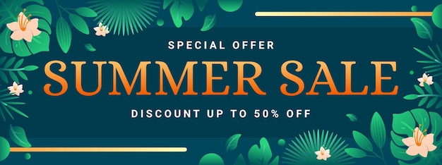 Special offer summer sale banner template with green leaf and gradient text premium