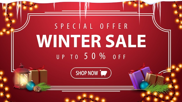 Vector special offer, winter sale, up to 50 off, red discount banner with garland, icicles, frame of line, vintage lantern and presents