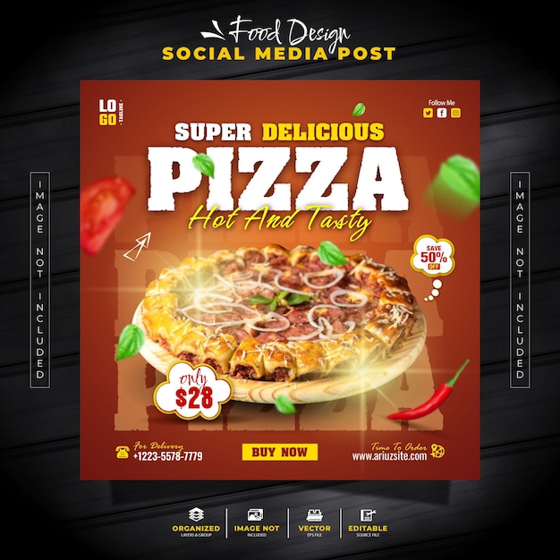 Vettore menu speciale di pizza e cibo post sui social media e modello di banner per la promozione