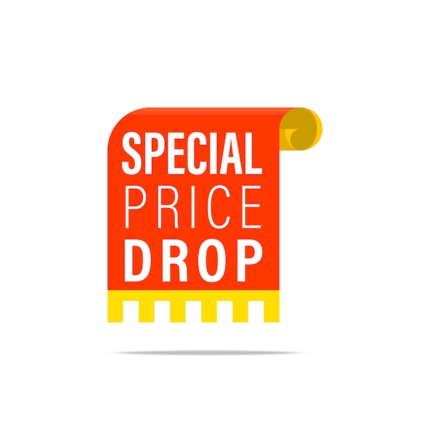Special price drop promotion tag label paper scroll shape red and yellow color vector icon illustration