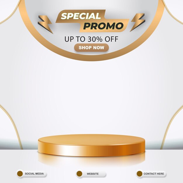 Speciale vendita promozionale sconto post banner modello social media con spazio vuoto podio 3d per la vendita di prodotti con disegno astratto sfondo bianco sfumato