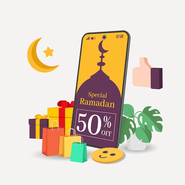 Speciale ramadan 50 con sfondo lanterna banner di vendita ramadan smartphone dalla scatola dei regali della luna