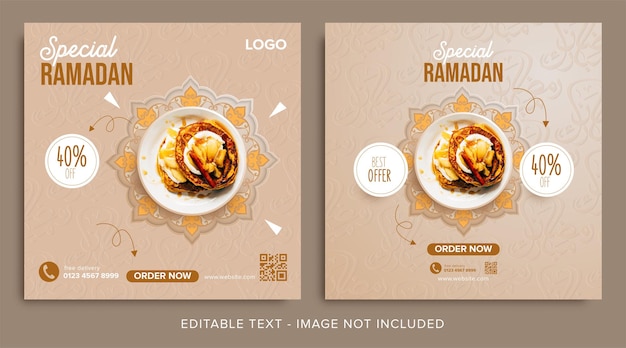 Vettore post sui social media del banner di promozione alimentare speciale del ramadan