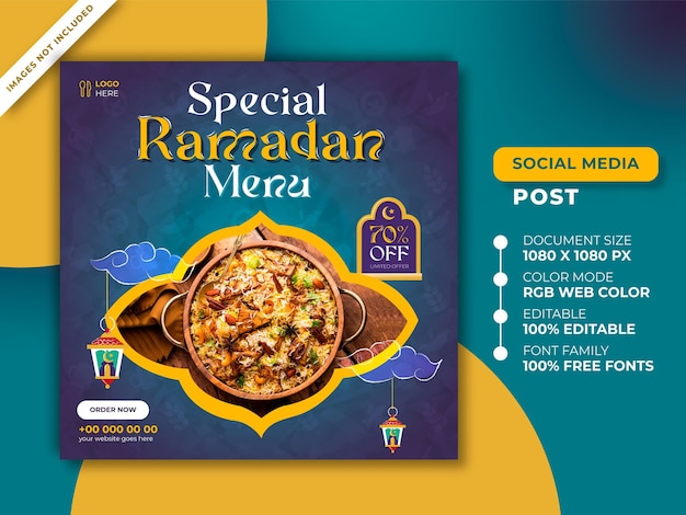 Offerta speciale del ramadan menu del cibo social media promozione instagram modello di progettazione vettore premium