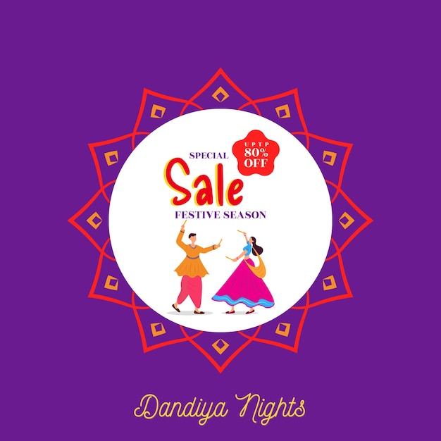 Special sale offer template design for festival season couple dancing in navratri festival dandiya n