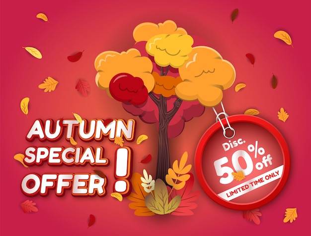 Vector speciale aanbieding herfstbanner met boomillustratie en label