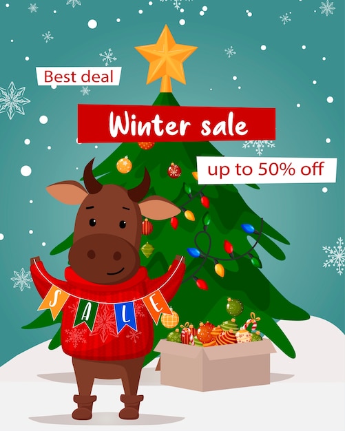 Speciale aanbieding kerst verkoop mooie kortingsbanner met jaar stier symbool