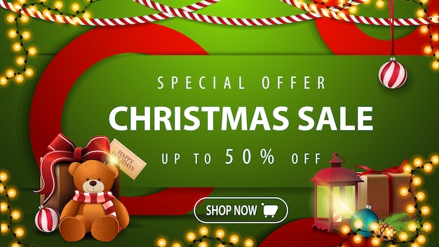 Speciale aanbieding, kerstuitverkoop, tot 50% korting, groene heldere horizontale moderne webbanner
