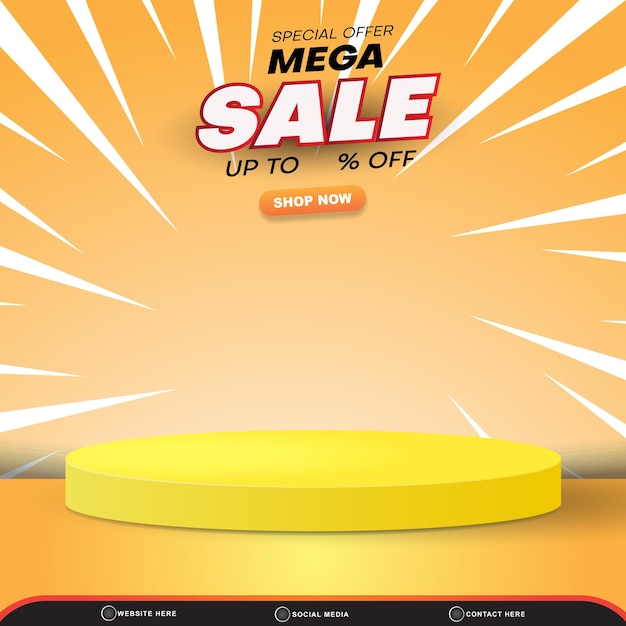 Speciale aanbieding mega sale korting sjabloon banner met lege ruimte 3d podium voor productverkoop met abstract verloop oranje en geel achtergrondontwerp