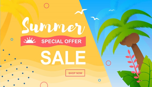 Speciale aanbieding Tropical Flat-bannersjabloon voor zomervakantie. Bevordering