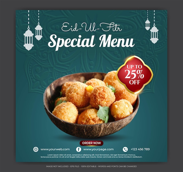 Speciale eid ul fitr voedselmenu sociale media bannerillustraties