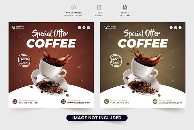 Speciale koffie sociale media post vector met korting aanbiedingen Cafe en restaurant zakelijke promotionele webbanner ontwerp Drank verkoop sjabloon vector voor sociale media marketing Koffie verkoop sjabloon