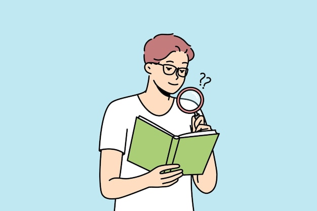 Spectacled man reading book using magnifying glass