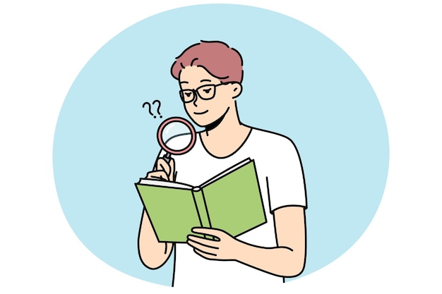 안경 을 착용 한 남자 가 확대 유리 를 사용 하여 책 을 읽고 있다