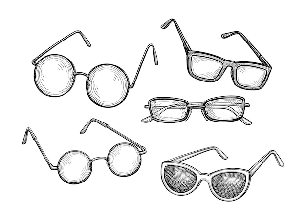 안경, 둥근 안경 및 선글라스. 손으로 그린 잉크 스케치.
