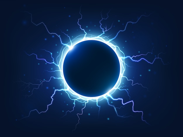 Spectaculaire elektriciteit, donderende vonk en bliksem omringen blauwe elektrische bal.