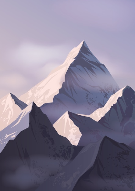 Vector spectacular landscape with mountain crests covered with snow and shrouded in mist