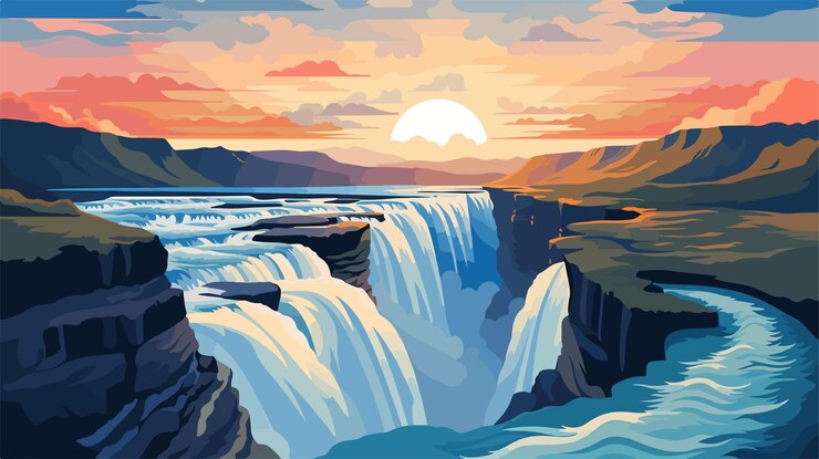 Vector spectacular sunrise at gullfoss waterfall on hvita river