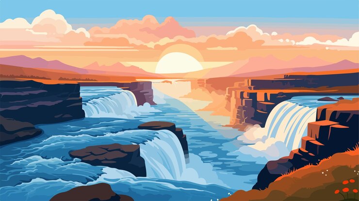 Vector spectacular sunrise at gullfoss waterfall on hvita river