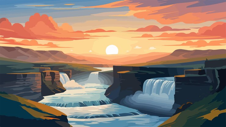Vector spectacular sunrise at gullfoss waterfall on hvita river