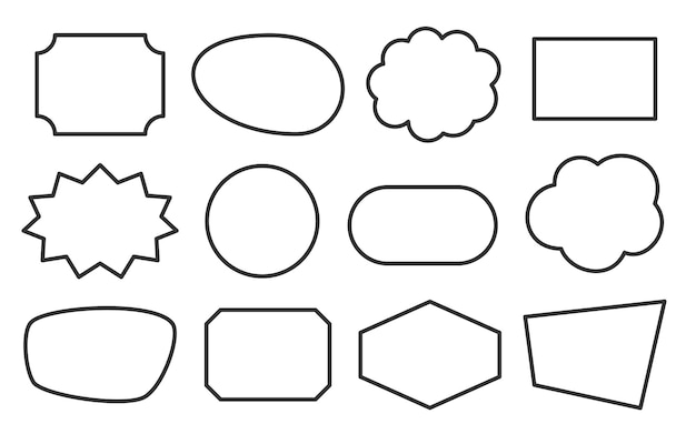 Speech bubble geometric shapes black line set Outline cartoon abstract blank template for message balloon note text box price tag label paper memory sticker think cloud frame web banner badge