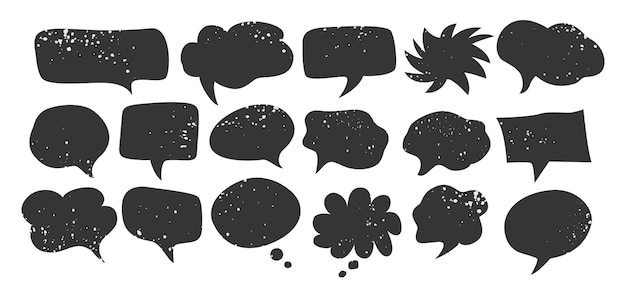 Speech bubble icon black textured set, blank sticker speech balloon grunge texture in various shapes