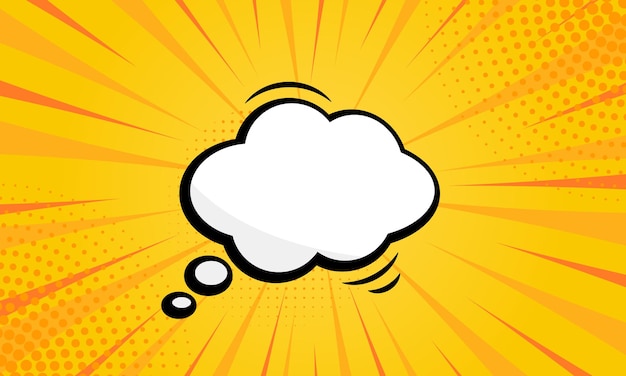 Speech bubble pictogram on yellow pop art background with halftone cartoon blank white cloud