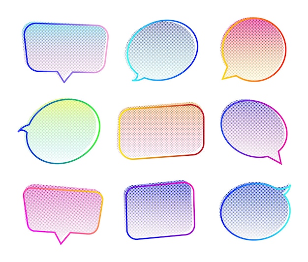 Speech bubble set neon color half tone background