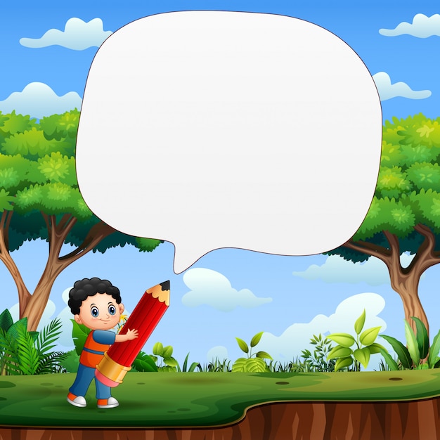 Speech bubble template with kid boy holding big pencil