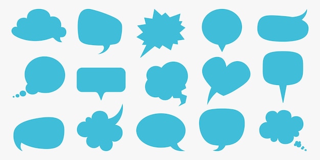 Speech bubbles blue blank comment balloons set thought empty text bubble symbol comic think cloud different forms template round square heart shape vector cartoon isolated on white collection