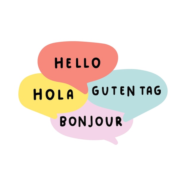 Bolle vocali ciao tag guten bonjour hola concetto bilingue illustrazione vettoriale