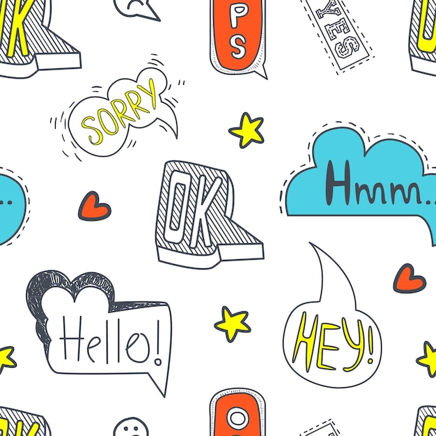 Vector speech bubbles seamless pattern with different words design element can be used for comics book fabric print background vector illustration