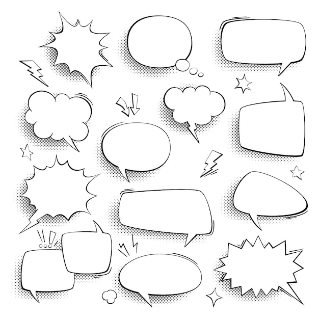 Speech bubbles vintage comics talk cartoon forms think and sound effects in bubble on halftone retro empty frame with copy space discussion banners in pop art style communication vector set