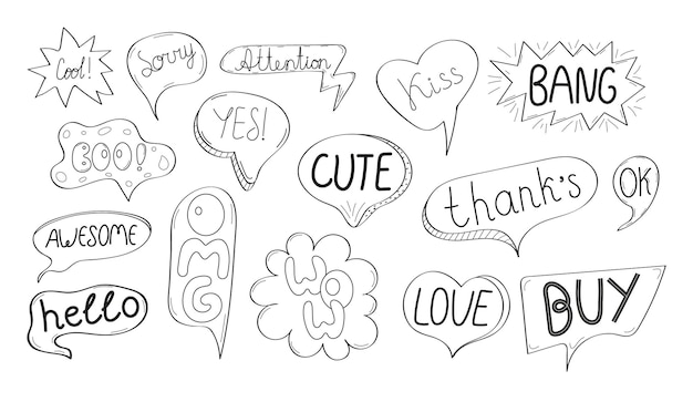 Vector speech bubbles with comic text set vector in hand drawn style massages and talk signs for app web