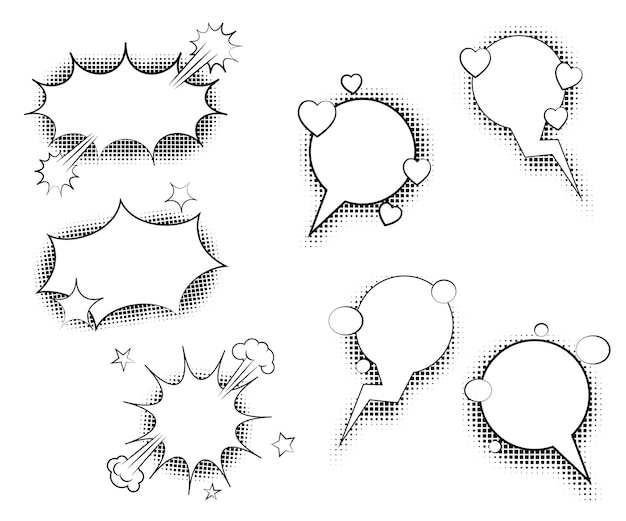 Speech bubbles with halftone shadows. Vector illustration isolated on white background.
