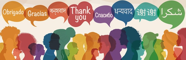 Speech bubbles with text thank you in various languages Silhouette multicultural people