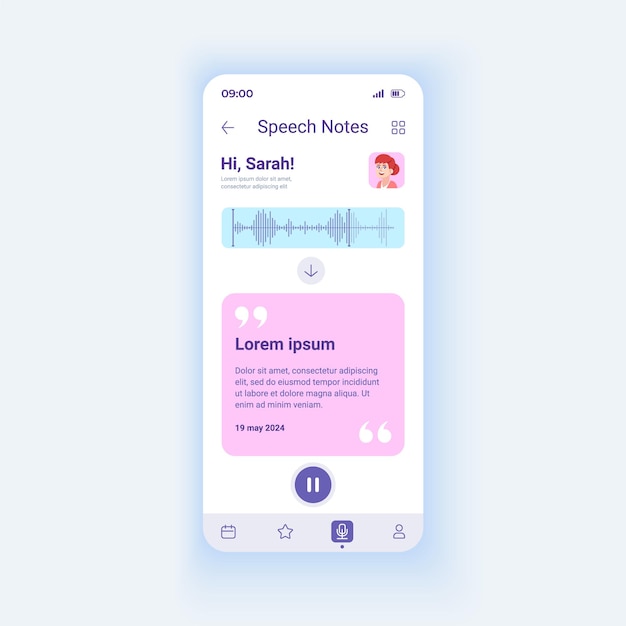 Vector speech light smartphone interface vector template. mobile app page design layout. receive mail. audio message on cellphone. text notification screen. flat ui for application. phone display