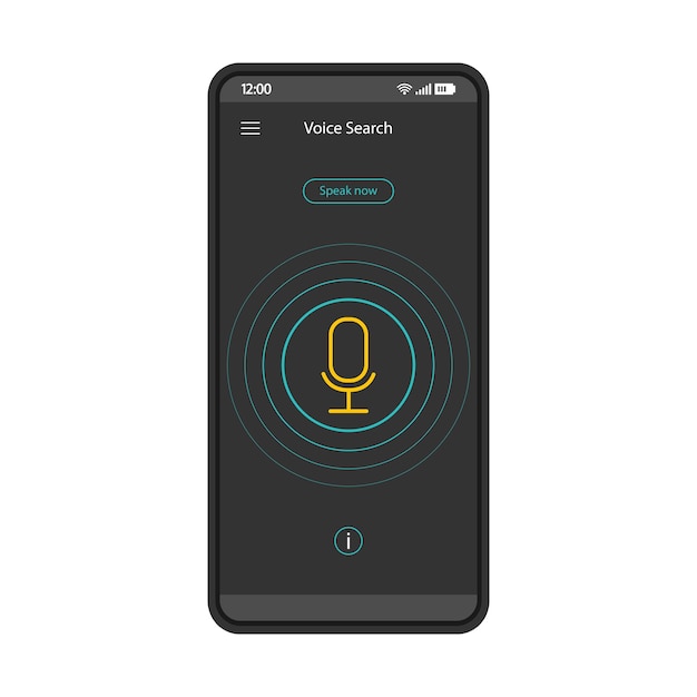 Vector speech recognition smartphone interface vector template voice search mobile app interface black design layout screen voice action and control flat ui for application phone display with microphone