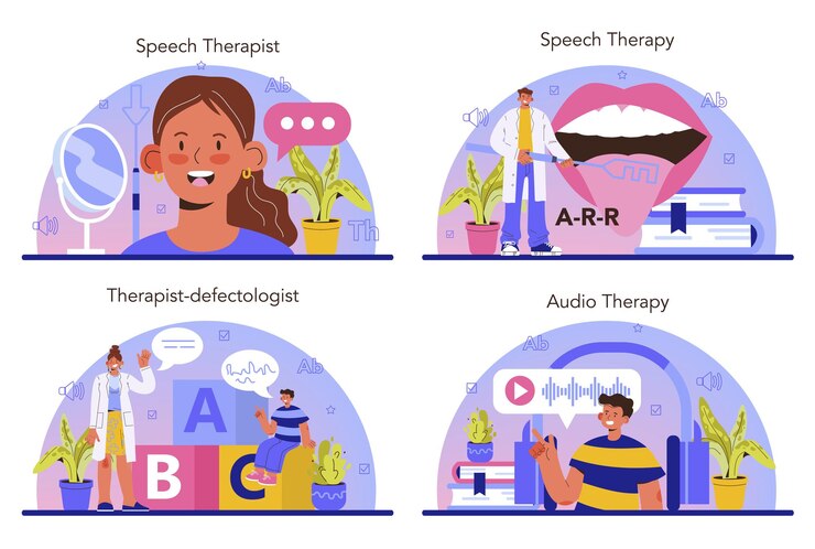 Vector speech therapist concept set doctor diagnozing and treating of communication