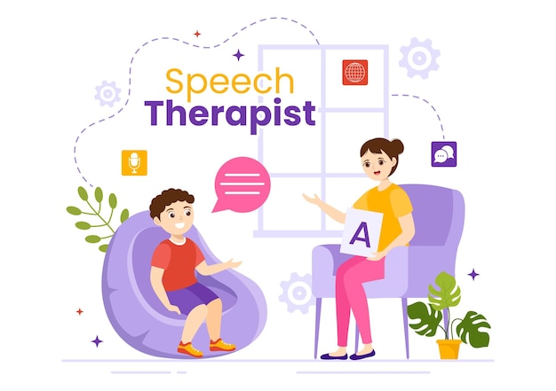 Speech therapist illustration with child training basic language skills and articulation problem