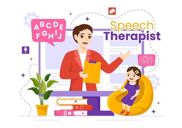 Speech Therapist Illustration with Child Training Basic Language Skills and Articulation Problem