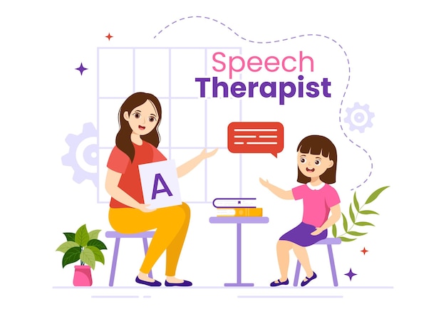 Vector speech therapist illustration with child training basic language skills and articulation problem