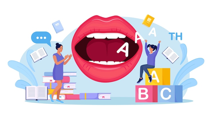 Vector speech therapy. therapist working with kid. woman teaches child to talk. speech pathology, improve language, development delay, speaking disability, tongue exercise. dyslexia and stuttering treatment