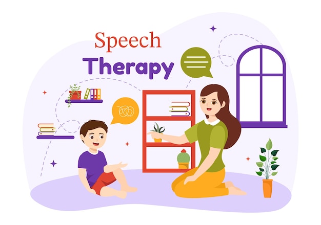 Vector speech therapy vector illustration with kids training basic language skills and articulation problem
