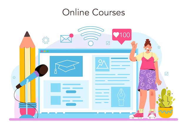 speechwriter online service or platform. professional speaker or copywriter write a content for a public announcement. online course. vector illustration