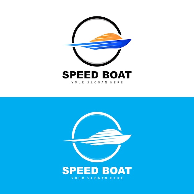 Speed boat logo fast cargo ship vector sailboat design for ship manufacturing company waterway shipping marine vehicles transportation