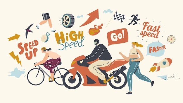 Vector speed concept. male and female characters riding bicycle and motorbike, running fast. motocross, rally and race competition, sports activity, people moving with high speed. linear vector illustration