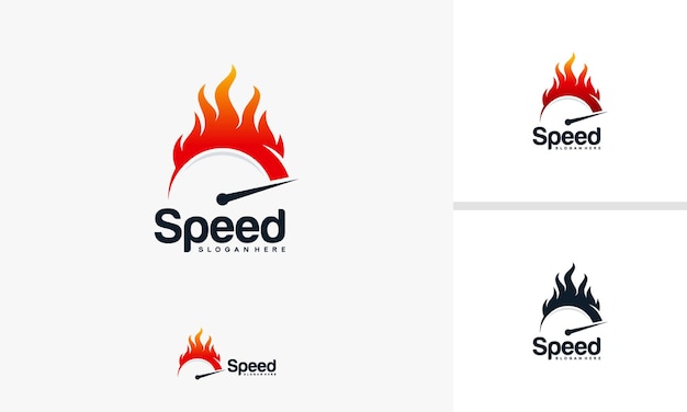 Speed and fast logo designs vector with fire symbol, speedometer logo designs template