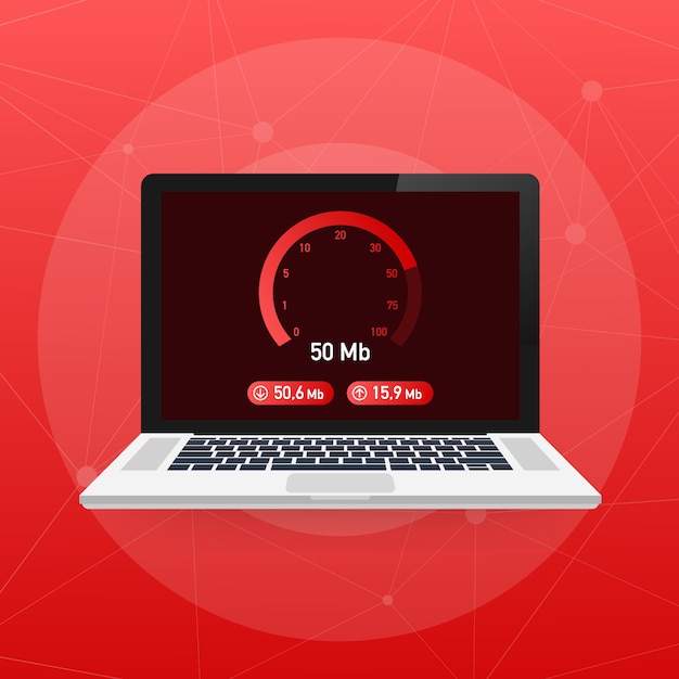Speed test on laptop. speedometer internet speed 50 mb. website speed loading time.
